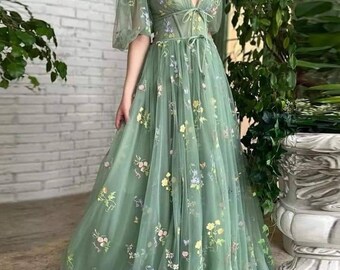 Green  embroidered lace dress, long prom gown, plus size dress, floral lace party gown,