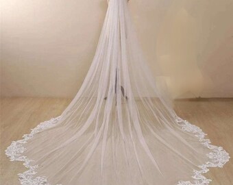 Voile bordé de dentelle, voile long, voile simple épaisseur pour mariage, voile avec peigne 300 cm x 250 cm, voile cathédrale