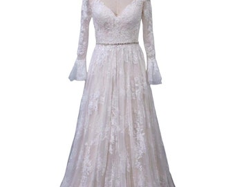 Ivory lace wedding dress,  long sleeves wedding dress, custom made dress