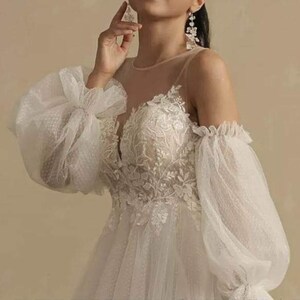 Tulle wedding dress with detachable sleeves, plus size dress, custom made image 1