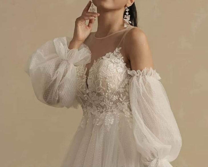 Tulle wedding dress with detachable sleeves, plus size dress, custom made image 1