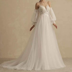 Tulle wedding dress with detachable sleeves, plus size dress, custom made image 4