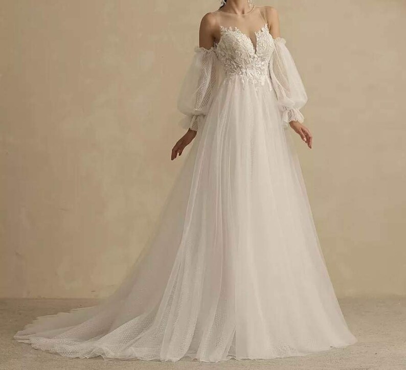 Tulle wedding dress with detachable sleeves, plus size dress, custom made image 4