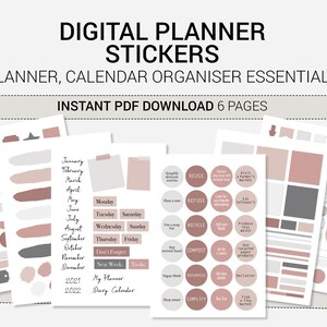 May include: Digital planner stickers in a pink and grey colour scheme. The stickers include a variety of shapes, sizes, and designs, including circles, squares, rectangles, and banners. The stickers are designed to help you organise your planner and calendar.