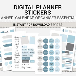 May include: Six pages of digital planner stickers in blue, gray, and white. The stickers include various shapes, sizes, and text, such as "Don't Forget", "Next Week", "To-Dos", "My Planner", "Diary Calendar", "January", "February", "March", "April", "May", "June", "July", "August", "September", "October", "November", "December", "Monday", "Tuesday", "Wednesday", "Thursday", "Friday", "Saturday", "Sunday", "2021", "2022", "Reuse", "Refuse", "Recycle", "Compost", "Repurpose", "Simplify", "Visit a Farmer's Market", "Eat Leftovers", "Declutter", "Find a Flea Market", "Plant a Tree", "Use a Soap Bar", "Go for a Swim", "Buy Eco", "Shop Smart", "Vegan Week", "Produce Less Waste", "Use Recycled Paper Products", "Self-Care", "Look for Eco-Friendly Alternatives", "Simply Skincare Routine", "Don't Forget", "Next Week", "To-Dos", "My Planner", "Diary Calendar", "January", "February", "March", "April", "May", "June", "July", "August", "September", "October", "November", "December", "Monday", "Tuesday", "Wednesday", "Thursday", "Friday", "Saturday", "Sunday", "2021", "2022", "Reuse", "Refuse", "Recycle", "Compost", "Repurpose", "Simplify", "Visit a Farmer's Market", "Eat Leftovers", "Declutter", "Find a Flea Market", "Plant a Tree", "Use a Soap Bar", "Go for a Swim", "Buy Eco", "Shop Smart", "Vegan Week", "Produce Less Waste", "Use Recycled Paper Products", "Self-Care", "Look for Eco-Friendly Alternatives", "Simply Skincare Routine".