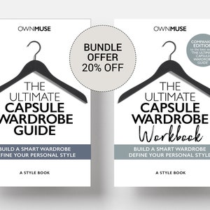 May include: Two white books with black text and a black hanger on the cover. The book on the left is titled "The Ultimate Capsule Wardrobe Guide" and the book on the right is titled "The Ultimate Capsule Wardrobe Workbook". The text "Bundle Offer 20% Off" is in a circle above the books.