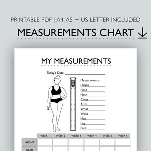My Measurements - Body Chart - Weight Tracker - Fitness Checklist - Printable - PDF - A4 - A5 - US Letter