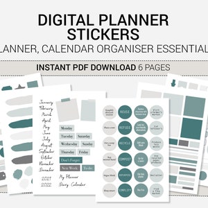 May include: A set of six digital planner sticker pages in PDF format. The stickers are in shades of gray and teal and feature various shapes, text, and designs. The text includes months of the year, days of the week, and phrases like "Don't Forget", "Next Week", and "To Do".