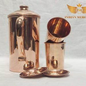 Indian Handmade Copper Jug Pitcher with 2 Glasses, Plain Elegant Water Pitcher for Serving, Unique Housewarming Gift
