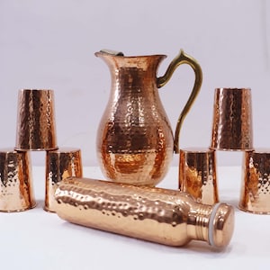 Indian Copper Mughali Jug Pitcher with Copper Handle, Traditional Water Pourer, Rustic Kitchen Décor Gift 8 Pc Set