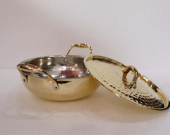 Heavy Duty Brass Kadhai: Indian Cooking Pot with Lid and Handle