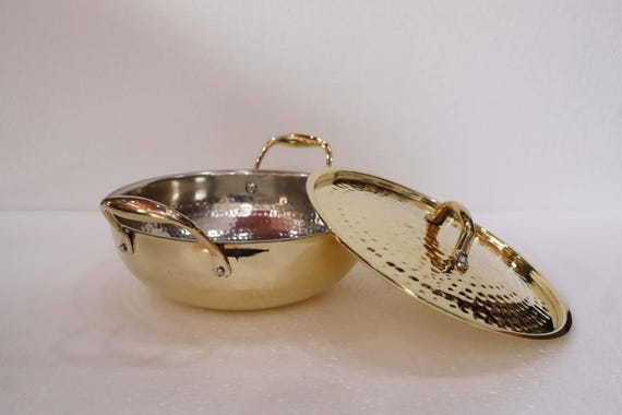 Heavy Duty Brass Kadhai: Indian Cooking Pot with Lid and Handle