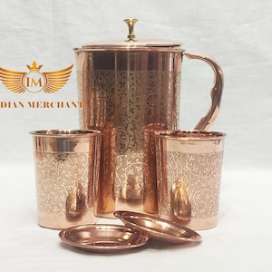 Indian Handmade Copper Pitcher Jug with 2 Glasses, Traditional Water Serving Set, Perfect Kitchenware or Housewarming Gift