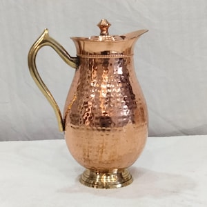 Copper Mughali Jug Pitcher Brass Handle , Artisan Made Decorative Pitcher for Water and Drinks, Ideal Gift for Home Decor Enthusiasts Pot