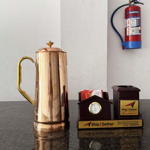 Indian Pure Copper Pitcher Water Jug with Sturdy Brass Handle, Natural Drinkware for Daily Use, Unique Gift for Home and Kitchen 2 Liter