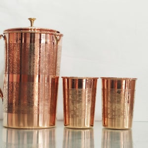 Handmade Engrave Emboss Finish Jug Pitcher 1500/2000 ML with 2/4 Glass Tumbler Copper for Kitchen Serveware and Drinkware Gift Set