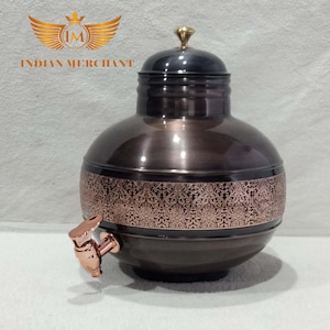 Indian Copper Matka Pot Container Antique Eching Design with Lid For Storing Water in Kitchen and Room Volume-8 Litres Mothers Day