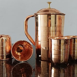 Indian Handmade New Arrival Luxery Finish Jug Pitcher 1500 with 2/4/6 Glass Tumbler Copper for Kitchen Serveware and Drinkware Gift Set