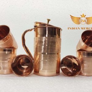 Indian Handmade Silver Touch Luxery Finish Jug Pitcher 1500 with 2/4/6 Glass Tumbler Copper for Kitchen Serveware and Drinkware Gift Set