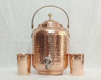 Handcrafted Hammered Copper Water Pot with Handle & Tumbler