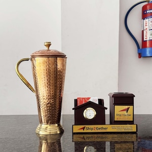 Pure Copper Mugal Water Jug with Brass Handles, Traditional Indian Handcrafted Pitcher for Home Decor, Unique Housewarming Gift