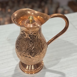 Indian Pure Copper Engrave Carving Mugali Pitcher Jug, Elegant Vintage-Style Serving Vessel for Home Decor, Perfect Kitchenware Gift