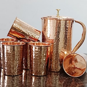 Pure Copper Indian Handmade Hammered Finish Jug Pitcher 1500/2000 ML with 2/4/6 Tumbler Copper for Kitchen Serveware and Drinkware Gift Set