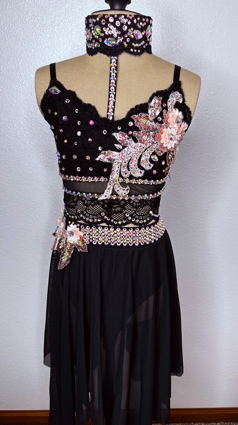 May include: A black dance costume with a sheer skirt, a black lace bodice, and a rhinestone-encrusted collar. The bodice features a floral design with pink and white accents.