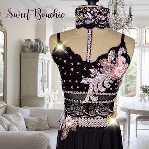 Semi Custom Dance Costume, Black 2 pc Lyrical Dance Costume with AB Crystal High Sparkle Rhinestones, Pink Applique / Accents, Ready 2 Ship