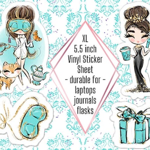 May include: A sheet of 5.5 inch vinyl stickers featuring four illustrations of women in various poses. The stickers are designed for use on laptops, journals, and flasks. XL 5.5 inch Vinyl Sticker Sheet - durable for - laptops journals flasks