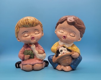 Vintage Ceramic Boy and Girl Figurines: Made in Japan, Big Eye Style