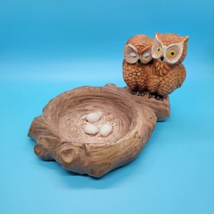 Vintage Owl Couple Nest With Eggs Porcelain Bisque Astray / Trinket Dish  - 1970s