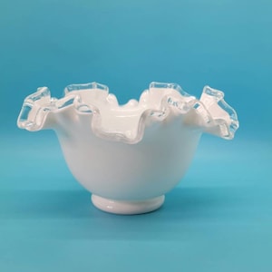 Vintage Fenton Silver Crest Milk Glass Ruffled Bowl 1950s