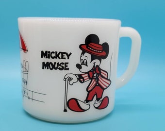 Vintage Mickey +Minnie Mouse Anchor Hocking Milk Glass Mug 1970s