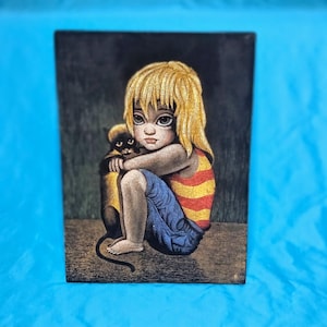 Rare Vintage Velvet Painting – Inspired by Margaret Keane Big Eyes &quot;Little Ones&quot; Painting Big Eyed Kid & Cat – Suh Kwang Style – 1960s