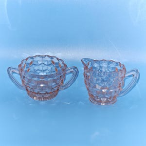 Vintage Pink Jeannette Depression Era Glass Creamer and Sugar Bowl Set Cubist - 1930s
