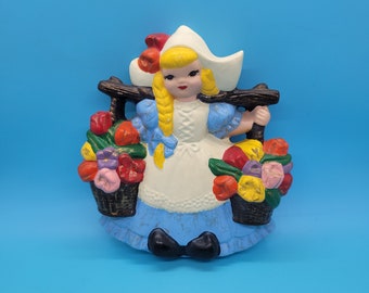 Vintage Chalkware Dutch Girl / Milkmaid Wall Hanging - 1974