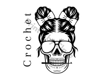 Messy bun skull crochet printout black, PNG, print at home, print online, instant download! V1 T-shirt mug accessory design