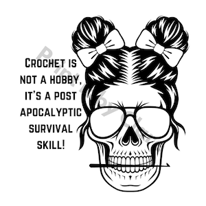 Habilidade de vida apocalíptica impressão de crochê de crânio de pão bagunçado preto, PNG, imprimir em casa, imprimir online, download instantâneo! Caveira de sobrevivência com coque duplo