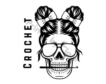 Messy bun skull crochet printout black, PNG, print at home, print online, instant download! V1 T-shirt mug accessory design