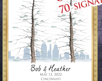 GUEST BOOK Alternative Tree with city skyline silhouette Two pines Alternative Wedding Guest Book Signature 2 PINES GuestBook Wedding Tree