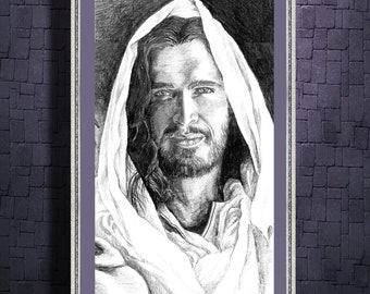 May include: A black and white pencil drawing of a man with long hair and a beard, wearing a white robe. He is looking directly at the viewer with a gentle smile.