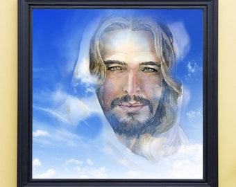 May include: A framed painting of a man with long hair and a beard, with a blue sky and white clouds in the background.