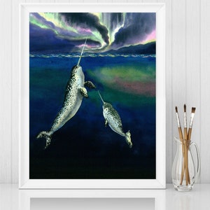 Watercolor Narwhal Whale Painting Narwhal  Art Print Beach Decor Arctic whale print Ocean animals print Narwhal Watercolor Print Sea Animals