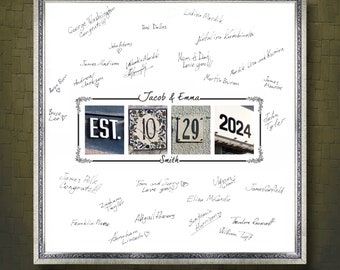 May include: A square white framed sign featuring the text Jacob & Emma and Smith, with four central photo squares displaying EST., 10, 29, and 2024. The white border area is filled with numerous handwritten signatures and messages in black ink.
