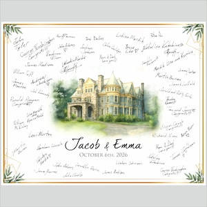 May include: A personalized wedding guest book featuring a watercolor illustration of a stately house. The names "Jacob & Emma" and the date "October 6th, 2026" are displayed. Guests' signatures and well wishes surround the image.