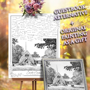 Watercolor Wedding Venue Sketch Black and White Wedding Guest Book Alternative Venue Watercolor Wedding Sign Guest Book Housewarming Gift