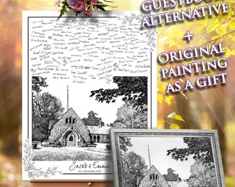 Watercolor Wedding Venue Sketch Black and White Wedding Guest Book Alternative Venue Watercolor Wedding Sign Guest Book Housewarming Gift
