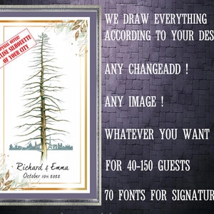 GUEST BOOK Alternative Tree with city skyline silhouette Alternative Wedding Guest Book Signature PINE Tree GuestBook Wedding GuestBook Tree