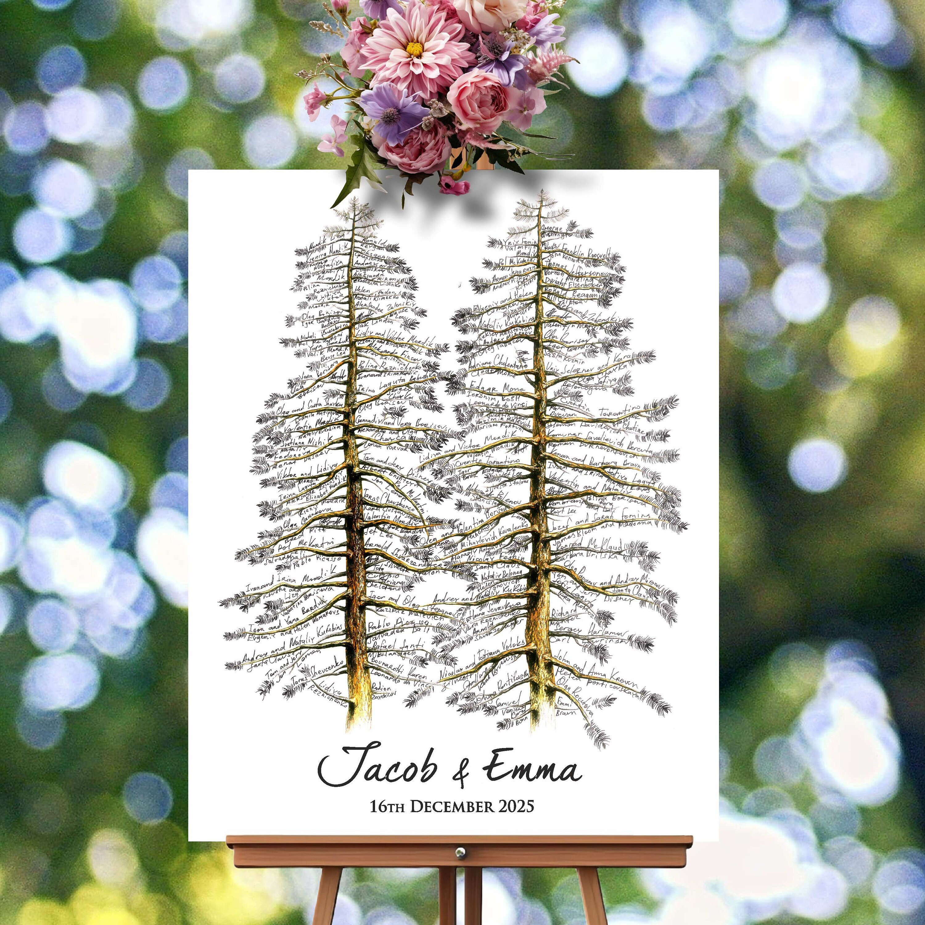 Rustic Wedding Guest Book Alternative Pine Tree Two Pines Rustic Guestbook Unique Wedding Signature Tree Black White Unique Guest Book Idea